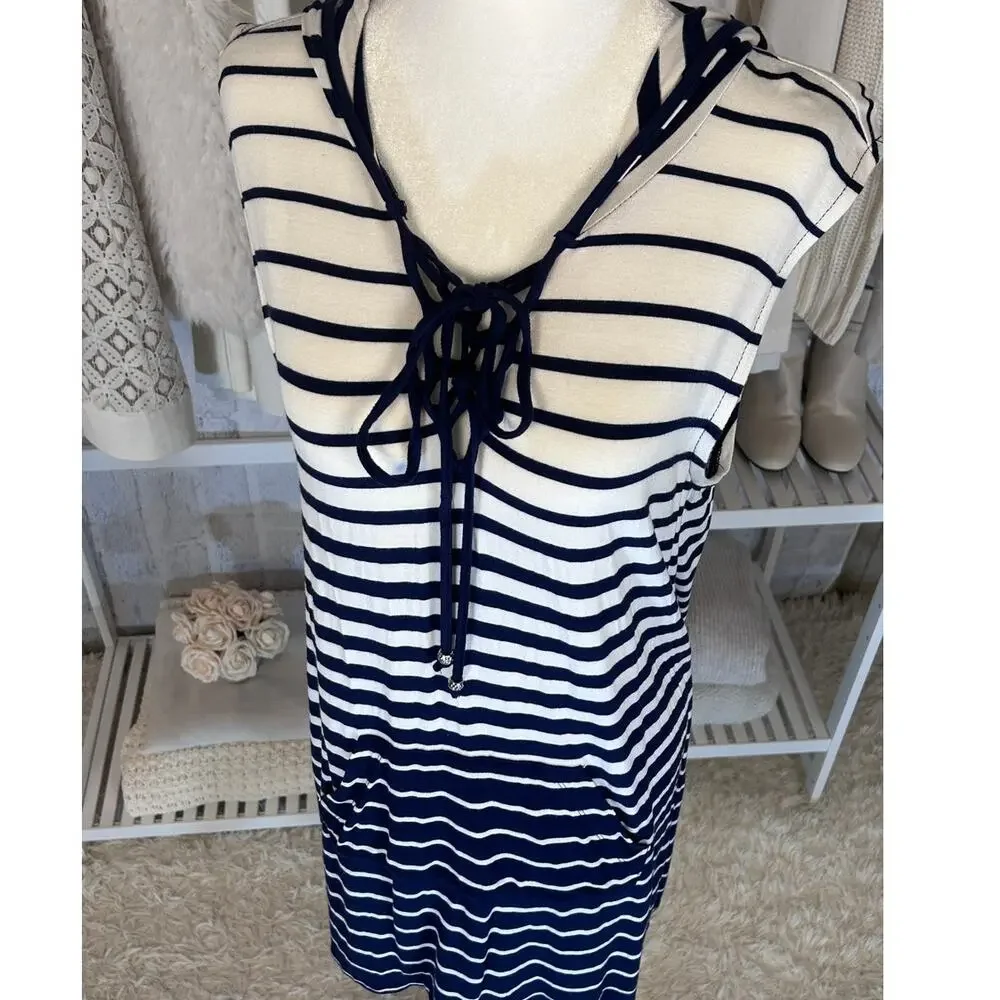 Dotti Women's Size M Navy Striped Nautical Hooded Swimsuit Cover Sundress #0157 - Picture 2 of 7